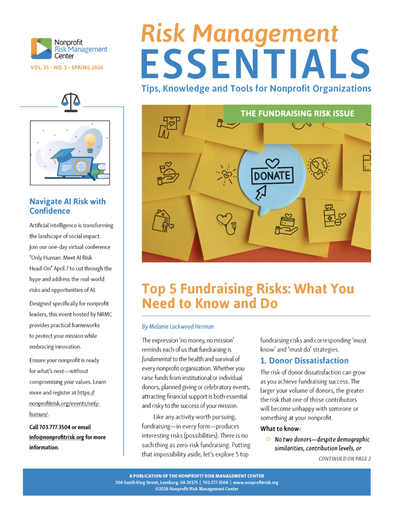 First page of NRMC's Fundraising Risk issue of Risk Management Essentials magazine